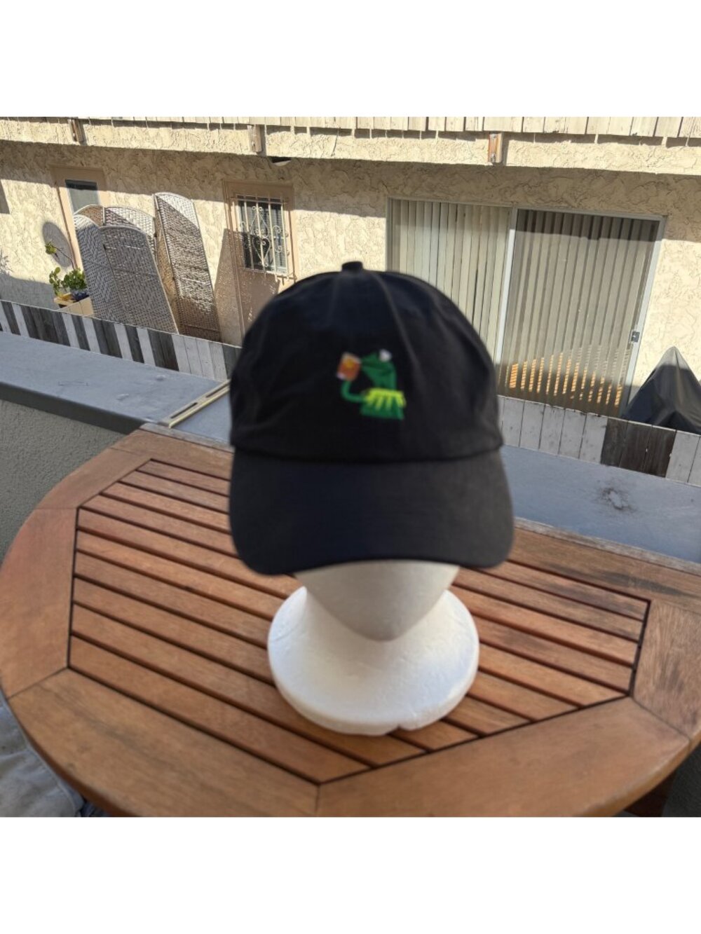 Black Baseball Cap With Embroidered Kermit Drinking Tea Adjustable Strapback